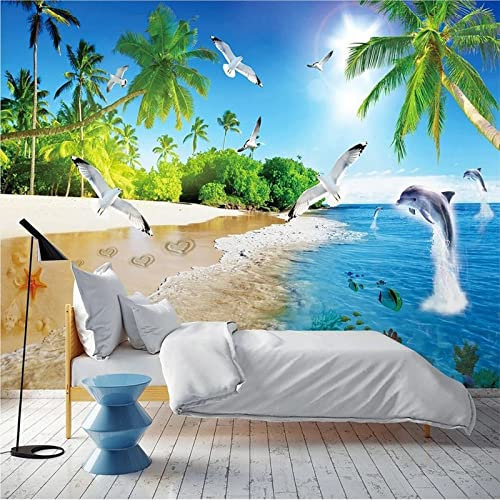 XTSWallpaper Plage Arbres Paysage 380X360Cm Papier Peint Photo 3D Optique Trompe L Oeil | Déco Mural Tableaux Muraux Photo Mural Décor Motif Poster Géant Stickers Muraux Optique Fond Effet