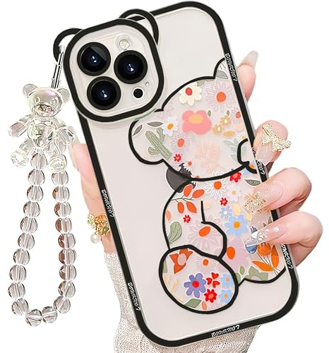 IAIYOXI Jolie coque transparente avec protecteur d’appareil photo et élégante dragonne, style féminin, pour iPhone 7 Plus, motif mignon avec ourson et fleurs, noir