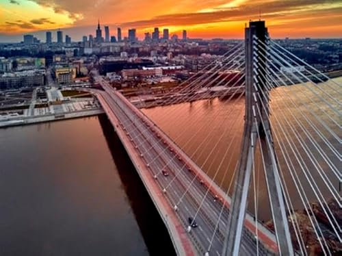 Acryl-Bild 120 x 90 cm: Wunderschöner Panorama-Drohnen-Sonnenuntergangsblick aus der Luft auf das Stadtzentrum von Warschau mit Wolkenkratzern und der (118520135)