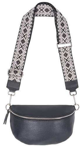 Umhängetasche Crossbody Bag Gürteltasche in Gr. M aus 100% Leder mit breitem Gurt - Helen (schwarz 2)