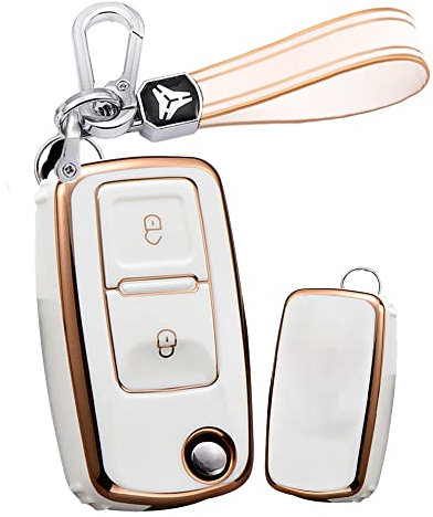 HIBEYO Coque de Protection en Silicone pour clé de Voiture VW Golf Bora Sharan 7M Leon Skoda Fabia Octavia avec Porte-clés à 2 Boutons Blanc