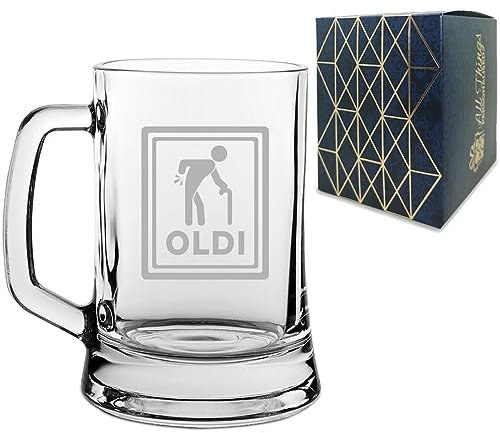 Engraved Novelty Beer Mug Tankard Stein with Oldi Design, Gift Box Included, Laser Engraved, Gift for Dad Grandad Colleague Retirement, Funny Gift, Add an Optional Message
