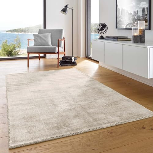 Skanidi Boho Teppich Kurzflor Vanessa Hand-Web-Teppich strapazierfähiger nachhaltiger Viskoseteppich Handarbeit edel glänzend Viskose fürs Wohnzimmer, Esszimmer und Schlafzimmer creme 080x150 cm