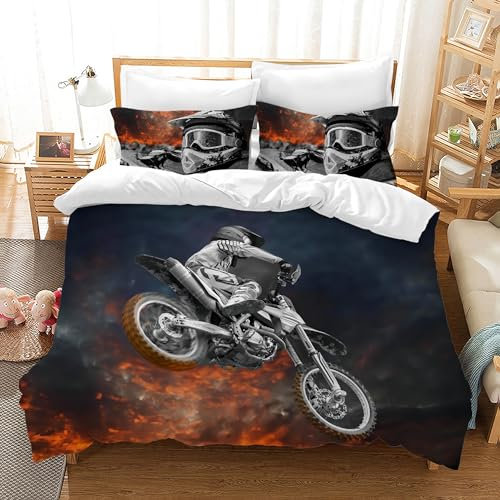 AVJWWD Motocross Bettwäsche Sets, 3D-gedrucktes Muster von Extremsport-Motorrad-Themen-Bettbezug mit 2 Kissenbezügen, für Erwachsene (Moto7, 135 x 200 cm)