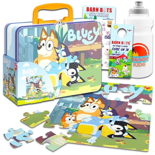 Bluey Tin Lunchbox Puzzle Bundle - Bluey Lunchbox mit Bluey Puzzle 24 Teile für Kinder plus Aufkleber und mehr | Bluey School Supplies