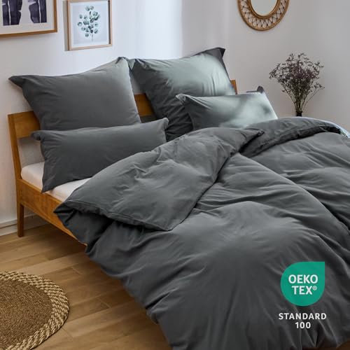 Blumtal Bettwäsche 2X 135x200cm 4teilig mit Kissenbezug 2X 40x80cm - Bettbezug leinenartige Baumwolle, ähnlich wie Leinenbettwäsche135/200 - Oeko-TEX zert. Sommerbettwäsche Stone Washed Anthrazit