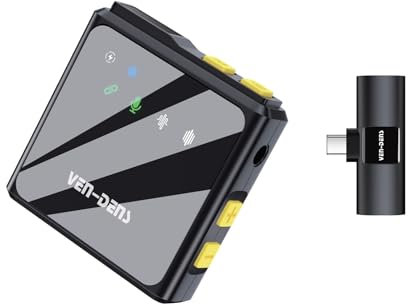 VEN-DENS Wireless Microphone with 11H Recording, Plug-and-Play, Noise Reduction, 200mAh Battery - Ideal for Interviews, Vlogging, Podcast, and Live Streaming with Type-C Port