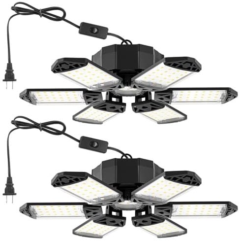 LED Garagenleuchten,185W Verknüpfbar Werkstattlampe mit Stecker, 18500LM Superhelles Hängen Werkstatt Deckenleuchte,6500K Werkstattleuchte mit 6 Verstellbaren Paneelen Garagenlicht für Carport 1P