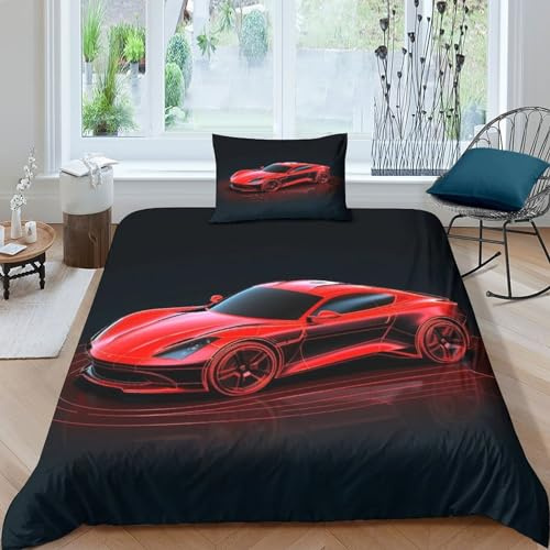 MEFESE Rennsport Bed Linen 2 Piece Rotes Rennauto Duvet Cover 3D Print Mikrofaser Für Kinder Teenager Erwachsene Tagesdecke Bezug with Zip Hypoallergener Hypoallergener Bedding Einzeln（135x200cm）