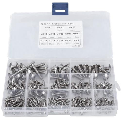 180 Pcs M3 M4 M5 M6 Assortite Viti Phillips Autofilettanti,Assortimento Viti Tonda Lamiera, Kit Viti Bombato a Croce Legno Acciaio Inox,Set Viti Incrociata Fissaggio Testa Piatta con Rondelle