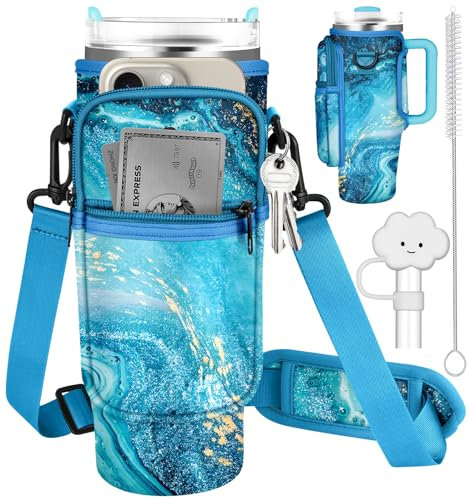 Water Bottle Holder Carrier Bag for Stanley Cup 40 oz Water Bottle Sling Pouch with Adjustable Shoulder Strap Phone Pocket Clouds Straw Cover Cleaner Brush for Walking Travel Hiking Gym(Marble)