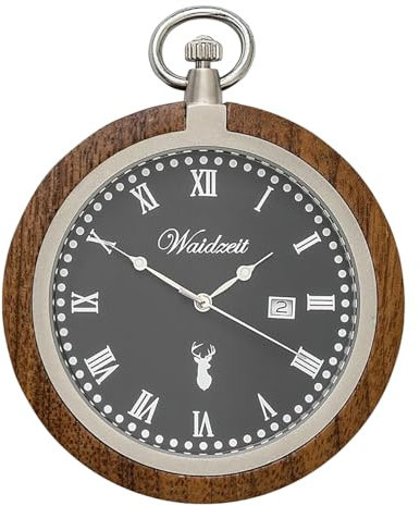Waidzeit Herren Taschenuhr Edelstahl Walnuß Dunkelbraun mit Uhrenkette UWATR01 Analoguhr