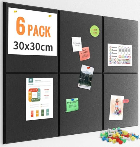 Smarpau Large Cork Board for Walls, 30x30cm Cork Bulletin Board 6 Pack, Felt Wall Tiles with Pushpins Pin Board Tack Board for Office Home Decoration, Black