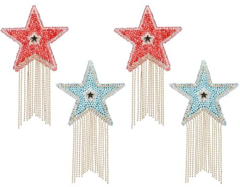 PATIKIL Star Rhinestone Patches, 4 Pcs Star Shape Iron on Applique Patches Rhinestone Applique Glitter Crystal Patches with Tassel for Shoes Clothes Pants Bags, Red/Blue