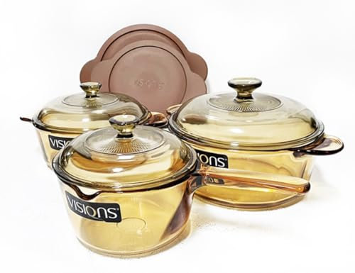 Visions VS-338 - Juego de utensilios de cocina de vidrio no poroso de 3 piezas con tapas, resistente al calor, apto para estufa y horno, diseño transparente para un fácil monitoreo, incluye ollas de