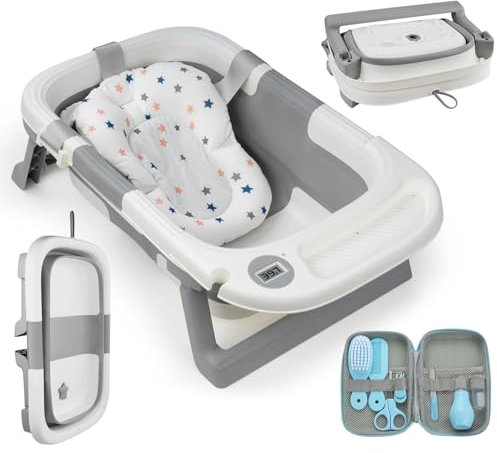 Babybadewanne Faltbare, Baby Bathtub, mit Babypflege-Set Stützkissen Sitzmatte, Rutschfeste Tragbare Reisebadewanne, Kinderwaschbecken Wanne für Neugeborene Kleinkinder, Grau