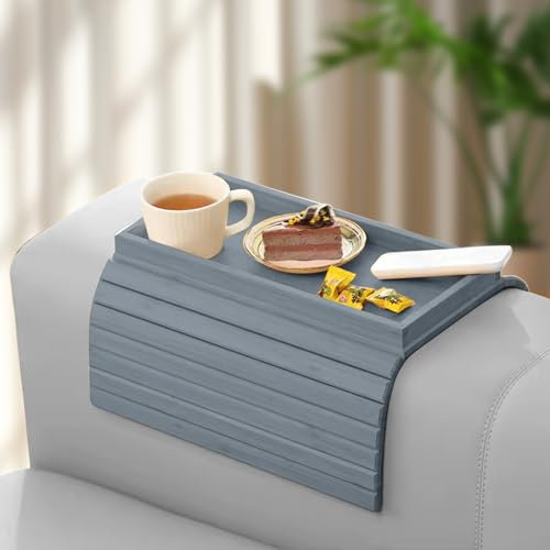 Sofa Arm Tray Table, Bamboo Armchair Tray with Anti-Slip Fabric Backing, Adjustable Sofa Support, Sofa Side Table for Remote Control, Drink, Snacks, Magazine(Grey)