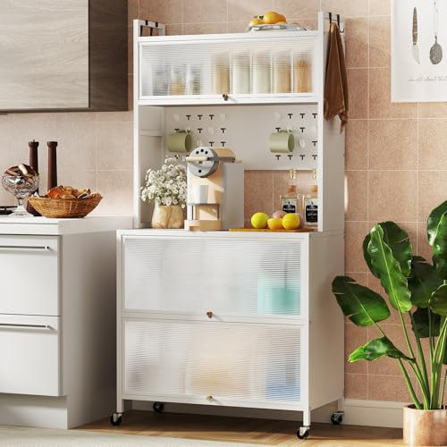 GIANTEX Küchenschrank Küchenregal 5-stufig mit Arbeitsplatte, Mikrowellenschrank mit Rollen, Küchenbuffet Buffetschrank mit Stecktafel & 4 Haken, Standregal Sideboard mit Klapptüren sichtbar