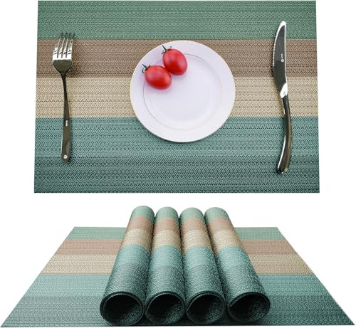 4er Set Platzsets Grün Blau Grau Streifen, 30x45cm Sommer Bankett Tischsets Waschbar Baumwolle Leinen Stoff Platzdeckchen Küche Party Deko für Zuhause Restaurant Esstisch Speisetisch Küche