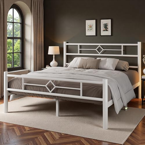 GalnFu King Size Bed Frame, Kingsize Metal Bed Frame with Headboard and Footboard, Heavy Duty Metal Slat Support, Underbed Storage Space, Easy Assembly, Noise Free, White