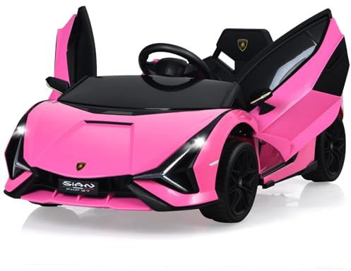 FANTASK 12V Lamborghini Kinder Elektroauto, Kinderauto Elektro mit 2,4G-Fernbedienung, 3-5km/h, Elektrofahrzeug mit MP3, Radio, Musik & LED-Scheinwerfer, für Kinder von 3-8 Jahren (Rosa)