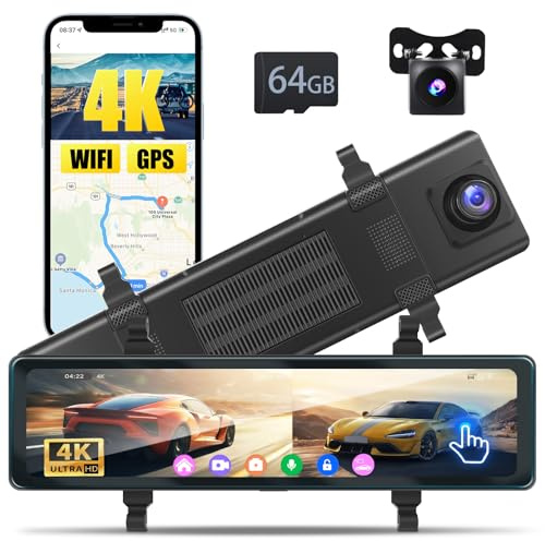 Inefala 4K WiFi Dashcam Espejo Retrovisor 11,26IPS GPS con Tarjeta SD 64GB | Cámara Frontal y Trasera 1080P, ADAS & BSD, Sensor G, Grabación en Bucle, App, Tarjeta SD de 64GB, 150° Gran Angular