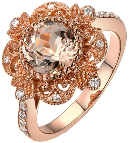 Homxi Women Anniversary Rings Rose Gold 9 ct, Flower and Round with 1ct Morganite and Diamond, Rings for Womens Rose Gold Size H 1/2