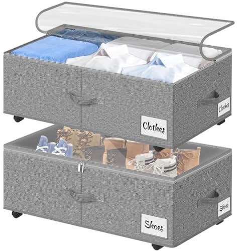 Unterbettkommode mit Rollen 360°Drehung, 2 Stück XXL 75L Unterbett Aufbewahrungsbox mit Transparentem Deckel, Schnelle Montage Bettkasten Aufbewahrung für Bettdecken Kleidung, Schuhe & Decken,Grau