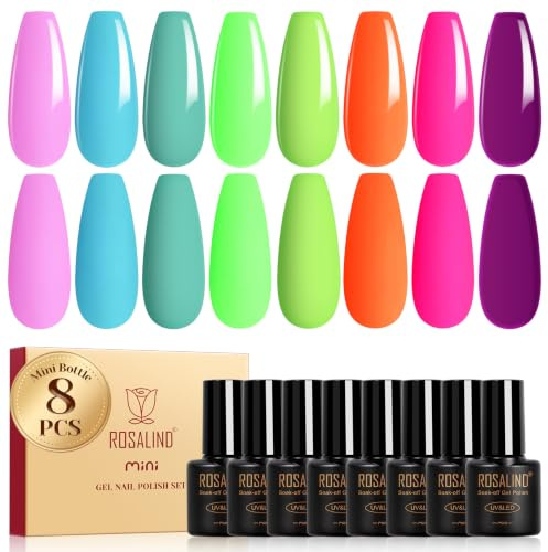 ROSALIND UV Nagellack 8 Farben Rosa Blau Grün Gelb Orange Violett Farbgel | Gel Nagellack Frühling Sommer, Soak Off UV LED Mini Farbgel für Gelnägel Maniküre Geschenk