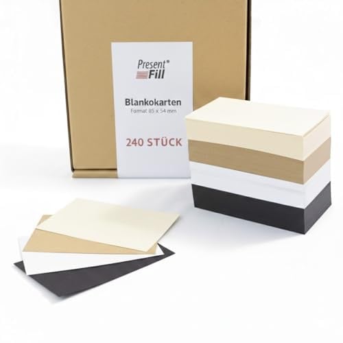 PresentFill 240 Blanko Karten zum selbstgestalten - Business Bunt Mix im Scheckkartenformat als Visitenkarten, Karteikarten, Memokarten, Lernkarten, Made in Germany I 100% Recycling Kraftpapier