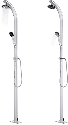 Emmtore Gartendusche mit Grauer Bodenplatte Außendusche Pooldusche Campingdusche Camping Pool Außen Dusche Bodenelement 220cm Aluminium