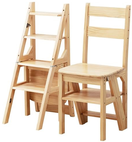 KIUYTQQ Silla Plegable de Madera Maciza con Escalera, 4 peldaños, Convertible, Plegable, con Soporte de exhibición para Muebles de Oficina, hogar y Cocina, 35x46x90cm.