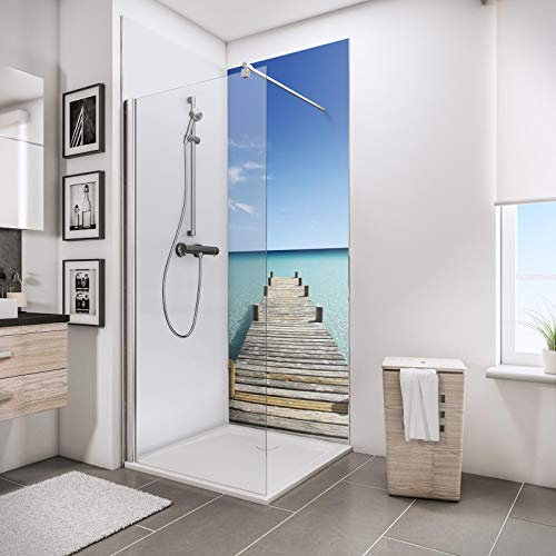 Schulte lot 2 panneaux muraux 90x210 cm + 3 profilés (2x finition, 1x angle intérieur), revêtement salle de bain, épaisseur 3 mm, motif ponton de Maldives + blanc, avec adhésif double face