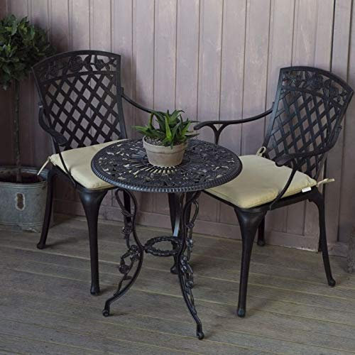 Lazy Susan London Rose Bistrotisch | Rund | 2-Sitzer | wartungsfrei | wetterfest | Sandguss-Aluminium | Antik Bronze | Kate Stühle | Beige Kissen