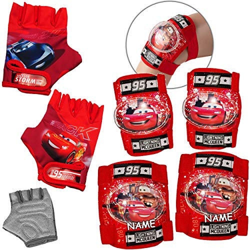 alles-meine.de GmbH 6 TLG. Set - Knieschoner + Ellenbogenschützer + Fahrradhandschuhe - Cars - Auto - Lightning McQueen - inkl. Name - für Circa 4 bis 12 Jahre - Kinder - Schutza..