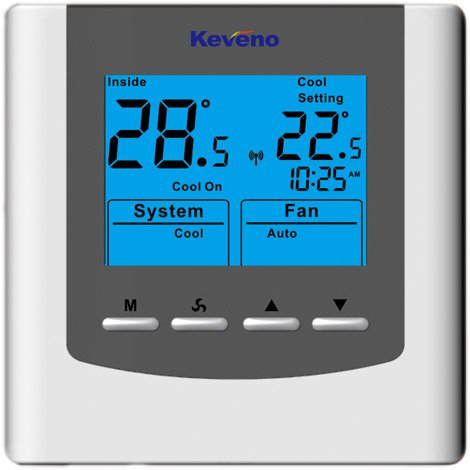 Keveno VAV111DN Termostato ambiente configurato con controllo singolo analogico (0-10V 4-20mA) uscita per valvola di riscaldamento raffreddamento, controllo ventola a 3 velocità e protocollo Modbus