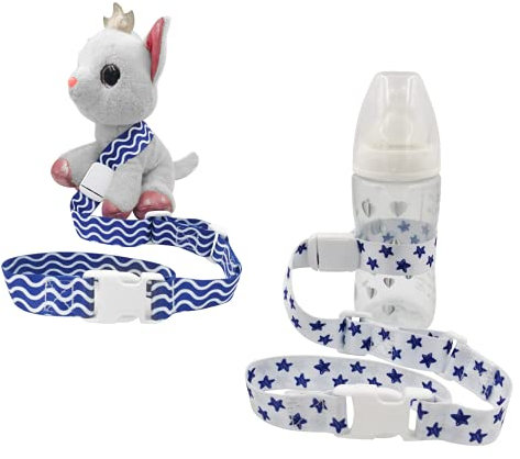 Juego de 2 piezas para sujetar juguetes, ducha, biberón, botella para bebé o niño, asiento de coche, silla alta, carro | Colgador de correa ajustable | Cadena clip | 0 a 3 años (Azul felicidad)