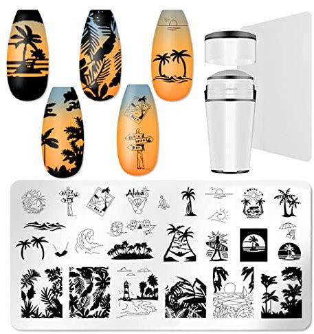 Luchike Stainless Steel Nail Art Set - Python Dusk Beach Leaves Stamping Plates - Clear Silicone Stamper & Scrapers - Style 9