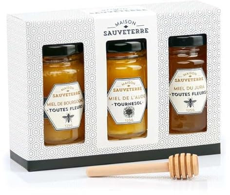 Coffret cadeau 3 miels de France et cuillère à miel - Coffret cadeau 3x125g