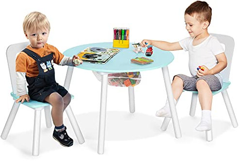 LIFEZEAL Kindertisch mit Stuhl, Kindersitzgruppe mit Maltisch & Stauraum, Kinder Tisch Stuhl Set, Kindermöbel mit Runden Ecken, Kinder Tischgruppe für Kinderzimmer & Kindergärten (blau) (grün)