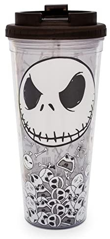 Silver Buffalo Disney The Nightmare Before Christmas Jack and Skulls - Vaso de viaje de plástico con tapa, capacidad para 24 onzas