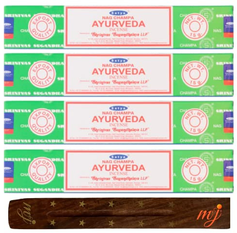 Original Satya Nag Champa Ayurveda Incense Sticks | with M&J incense sticks holder | x4 pack | for Aromatherapy, Spa, Yoga, Weddings, Meditation, Healing, Positivity and Relaxation