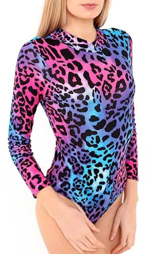 Prime fashions Damen-Body mit Rollkragen, langärmelig, Stretch, bedruckt, Größen, Neon Leopard, M/L
