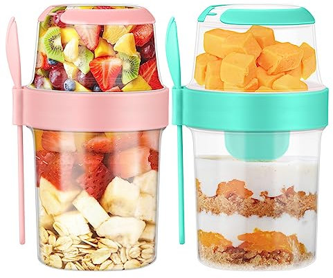 2Pcs Overnight Oats Container, 870ML Yogurt Pots Reusable Salad Cups with Lid Spoon Breakfast Jar Breakfast Pot Muesli Cup for Salads Fruit Cereal Milk Porridge