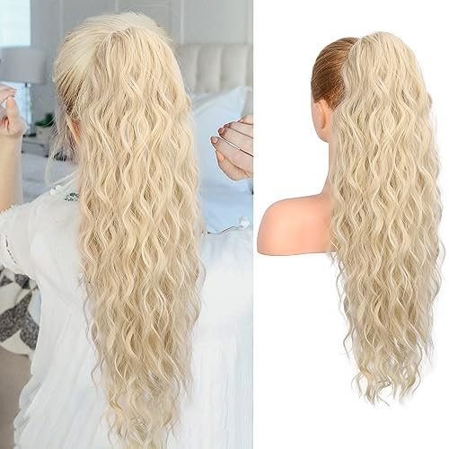 REECHO Pferdeschwanz Haarverlängerung, 66 cm Long Beach Gewellt Zugband Ponytail Extension Synthetischer Pferdeschwanz Haarteil für Frauen – Hellblond