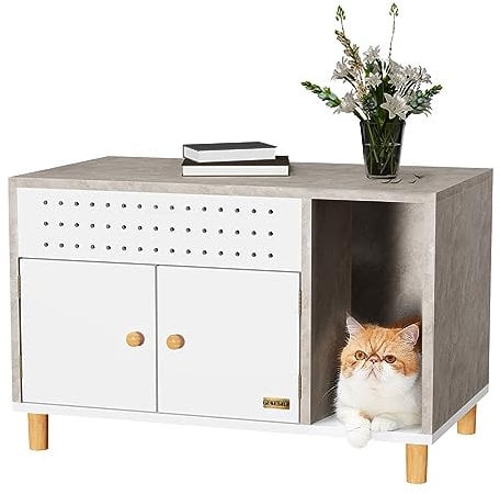 Petsfit Katzenschrank für Katzentoilette, versteckte Katzenklo Schrank Beistelltisch mit 2 Türen & Eingang und Belüftungslöchern,Moderne Katzenhaus für Katzen Hunde,weiß/grau