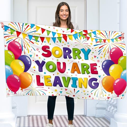 Banner mit Aufschrift Sorry Your Leaving – Good Luck Banner und Dekoration – We Will Miss You Banner – 1,5 m x 0,9 m mit 4 Messinglöchern – lebendiger Digitaldruck – 110 Den dickes Polyester –