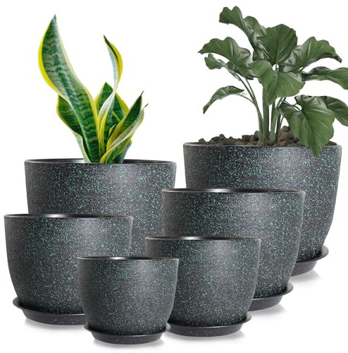 Lighterday 25/23/20/18/16/12CM Plant Pots Indoor 6 Pcs Flower Pot Large Plant Pots Indoor Outdoor Plastic Plant Pot with Drainage Holes and Tray for House Plant Flower (Green)