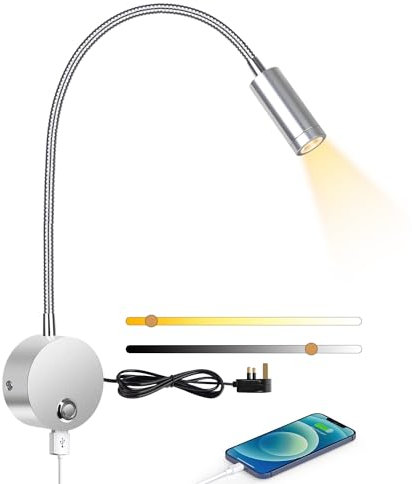 ERWEY Reading Lamp Wall Mounted, LED Wall Lamp Bedside Lamp with Switch Touch Dimmable and USB Charging Port, Bed Reading Light 360° Swing Gooseneck Lamp with Plug and Cable for Bedroom, Silver