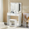 TUKAILAI Tocador con iluminación, con espejo de Hollywood, encimeras de cristal innovadoras, 2 cajones grandes y taburetes, luces LED tricolores ajustables, dormitorio,tocador blanco, ‎DR045